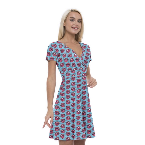Women’s A Line Pop Art Summer Dress, Retro Triangle Arrangement, Cross Wrap V Neck, 6 Sizes, by Ambesonne