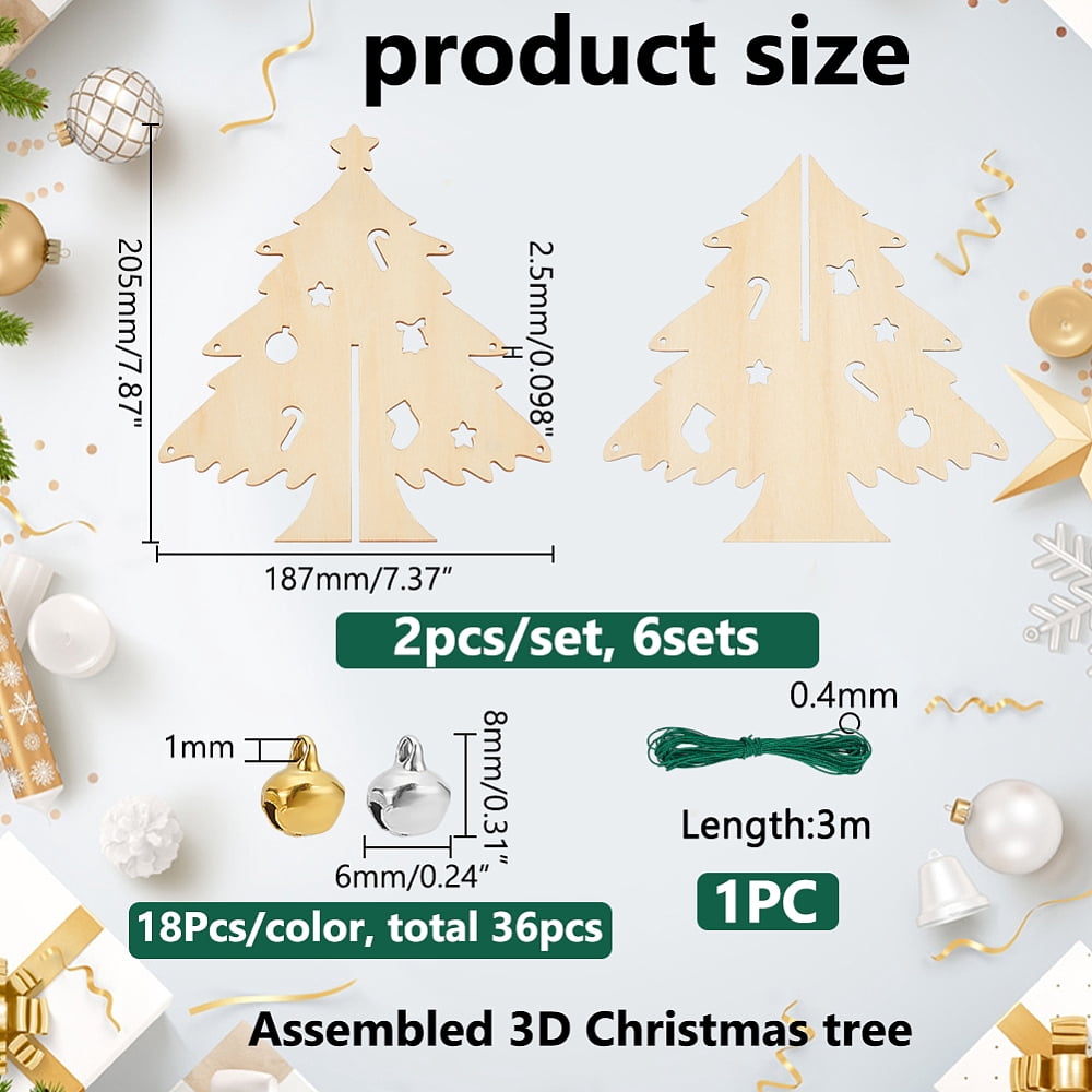 3D DIY Wooden Christmas Tree Ornaments Craft Kit 6 Sets Unfinished Christmas Tree Wood Slices Pendants Set with Bell Charms 3m Green Nylon