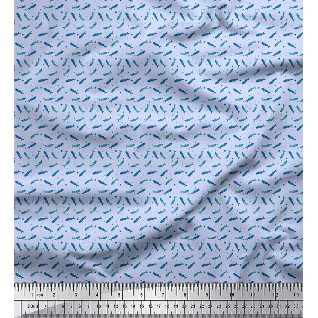 Soimoi Polyester Crepe Fabric Dot & Whale Ocean Decor Fabric Printed Yard 52 Inch Wide