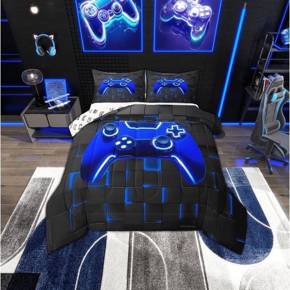 Erosebridal Gradient Gamepad Comforter Sets Twin Size, Neon Blue Futuristic Cubes Comforters & Duvets, Game Room Decor, Reversible 2pcs