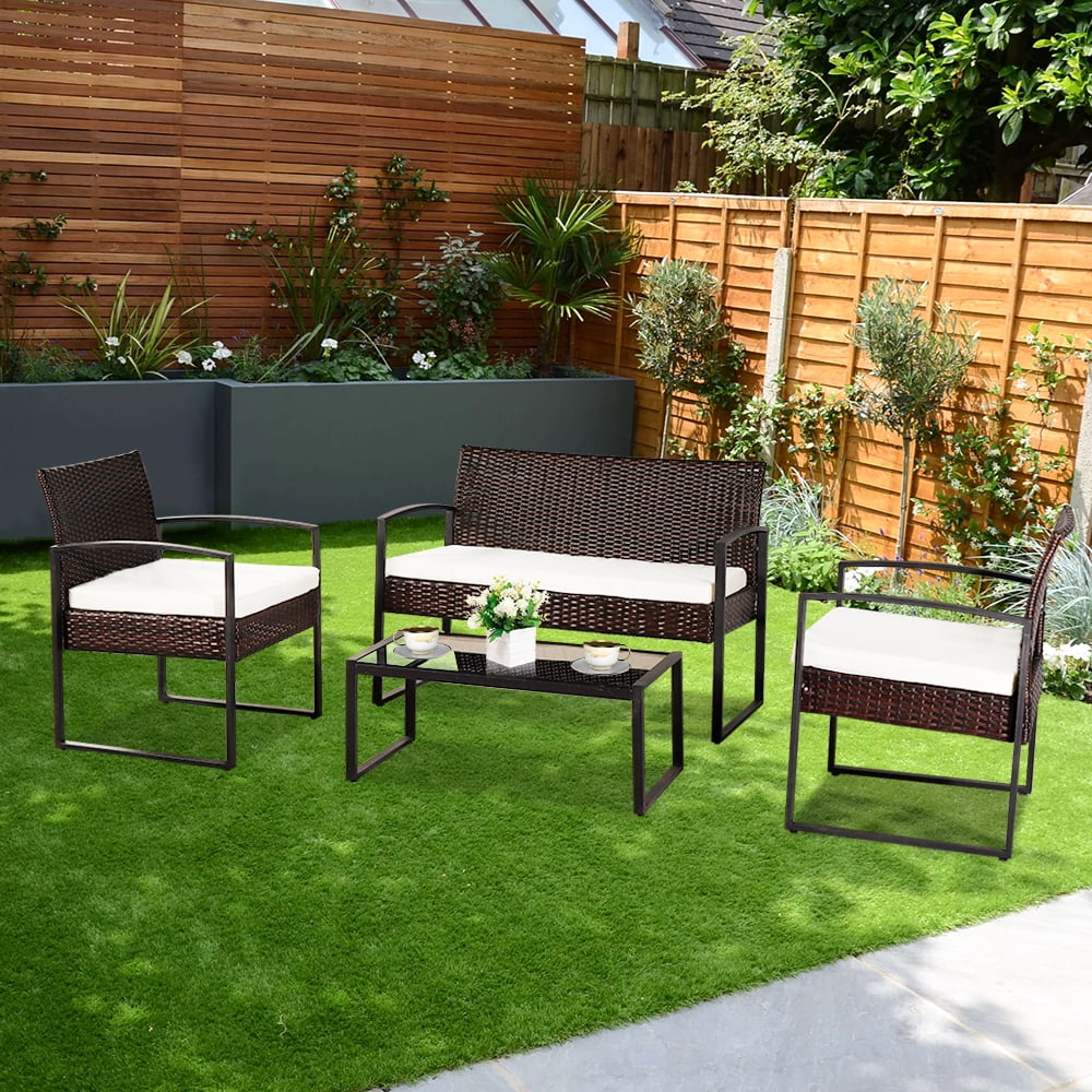 4piece Bistro Patio Set, Outdoor Patio Furniture Sets with Wicker Chairs, Glass Dining Table