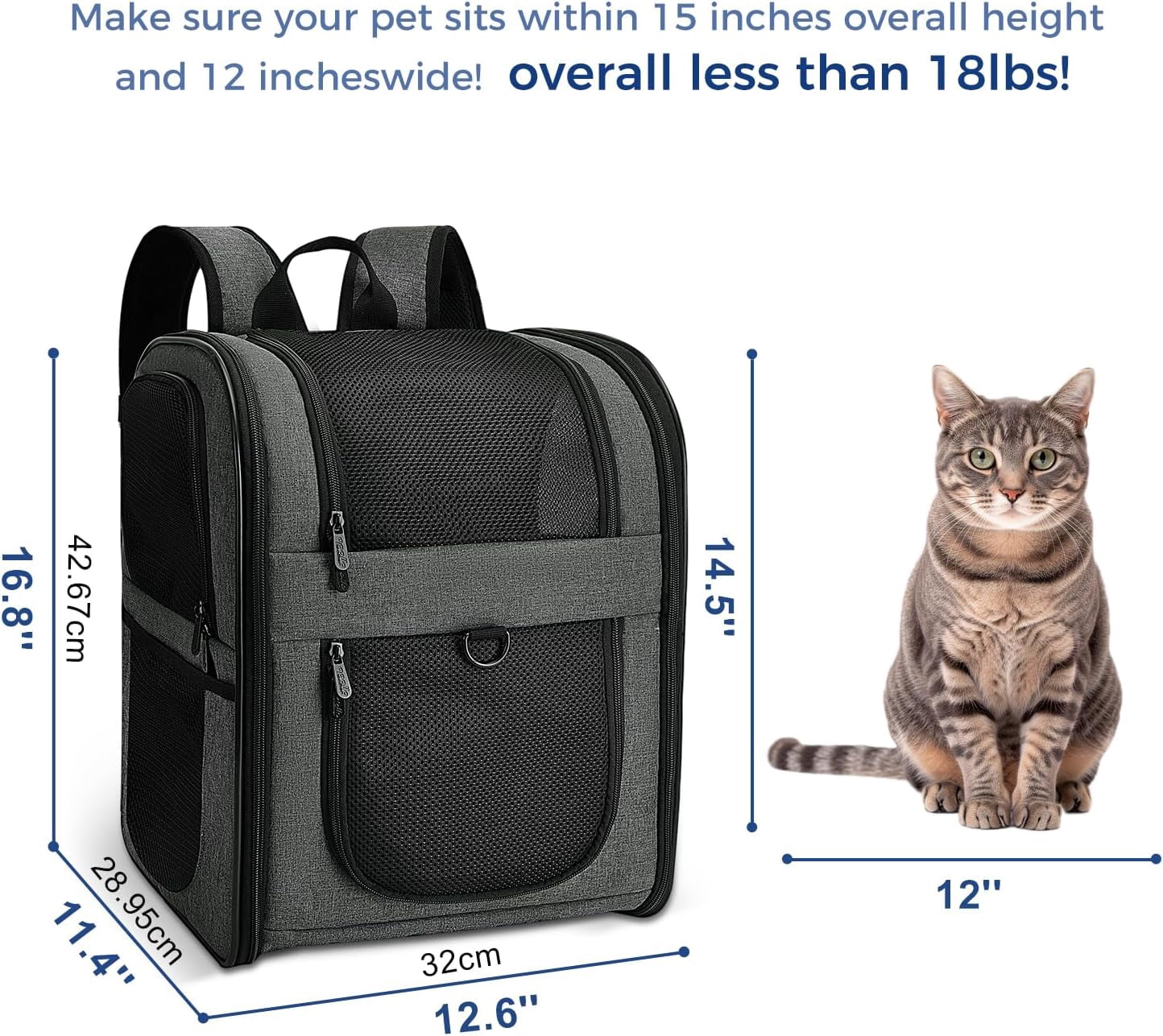 Pet Carrier Backpack for 4-18lb Cats and Dogs, Puppies, Safety Features and Cushion Back Support | for Travel, Hiking, Outdoor Use (Gray)