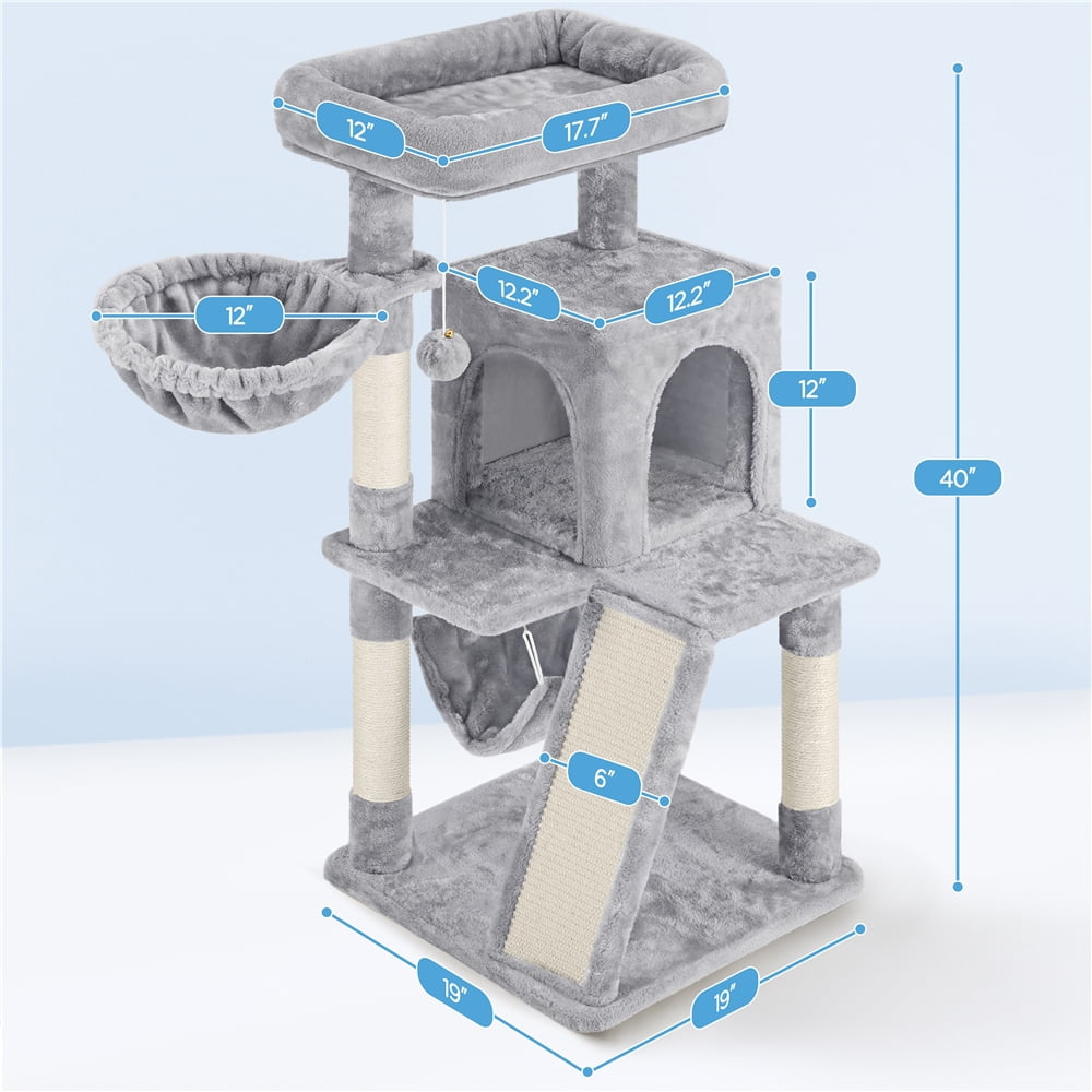 Yaheetech 40″ Multi-Level Cat Tree with Condo, Basket & Hammock, Light Gray