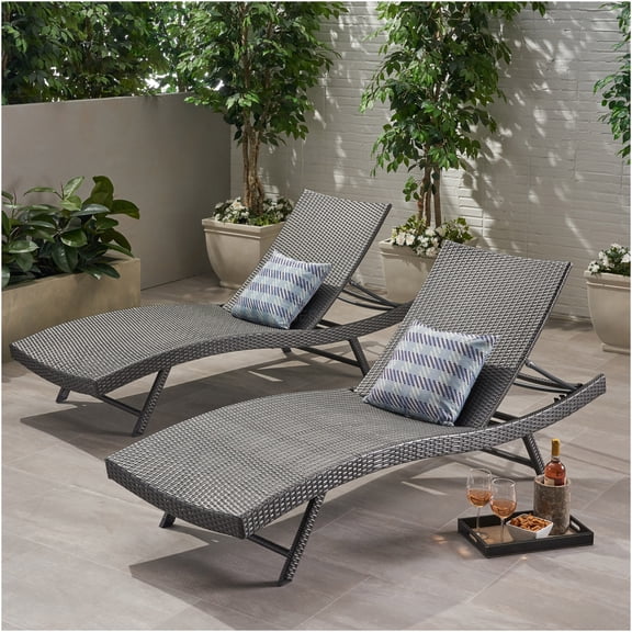 JERFIT Outdoor Patio Chaise Lounge Chair, 2-Pack Grey Rattan Adjustable Reclining Sun Lounger with Iron Frame for Poolside Garden