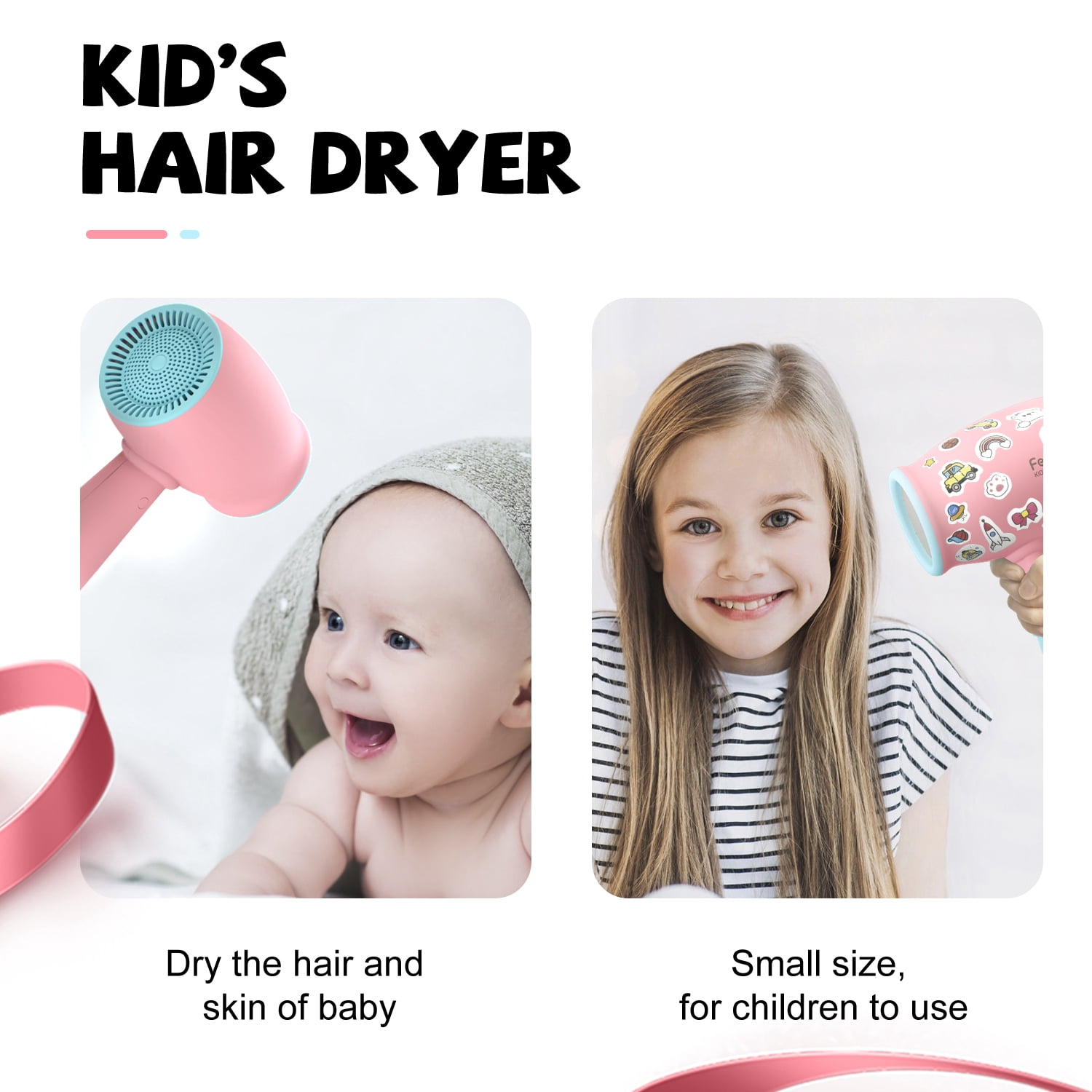 FeeKaa Kids Hair Dryer - Blow Dryer with Low Noise Gentle Heat for Baby New Born Shower, Gift - Pink