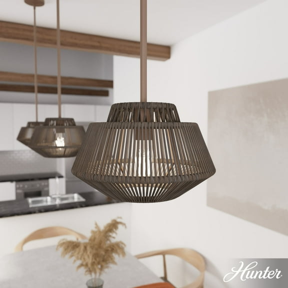 Hunter - Brookhollow 1-light Sable Rattan, Medium Size Pendant Light, Dimmable, Casual Style, Geometric Shaped, for Bedrooms, Dining, Living Rooms - 13215