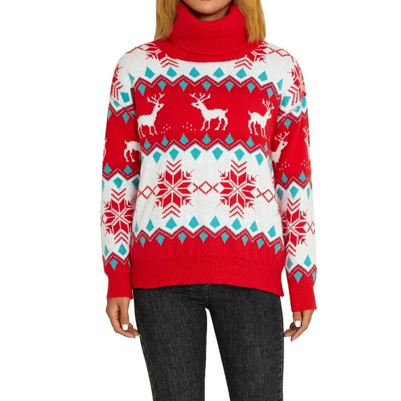 KOMOO Women Loose Christmas Sweater Snowflake Reindeer Turtleneck Knitwear Xmas Knitted Pullovers Sweaters