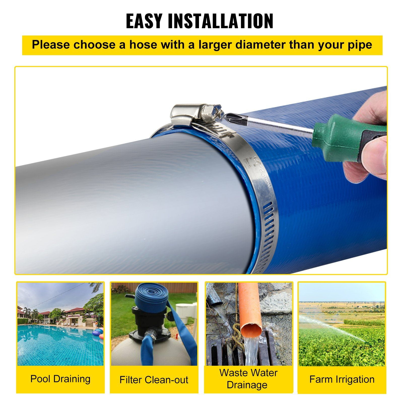 105ft x 2" Heavy-Duty PVC Lay Flat Discharge Hose with Clamps