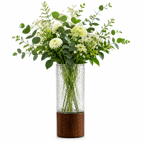WONDER DECORS 4"x10" Wooden Base Ripple Flower Vase Vintage Vase for Home Office Decoration, Transparent
