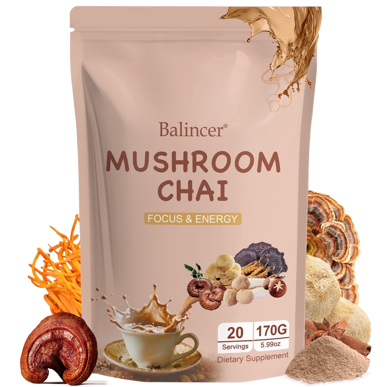 Balincer Mushroom Chai, 6 Adaptogenic Mushrooms Mixed with Ayurvedic Spices,20 Servings