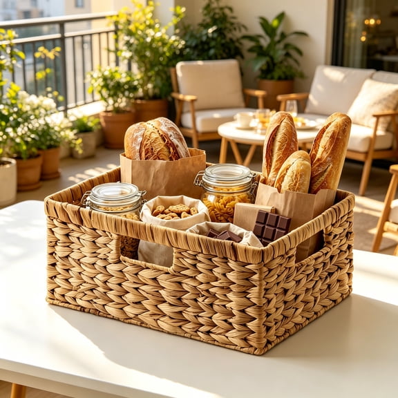 Large Rectangular Wicker Basket, Water Hyacinth Storage Basket with Built-in Handles, 1 Pack