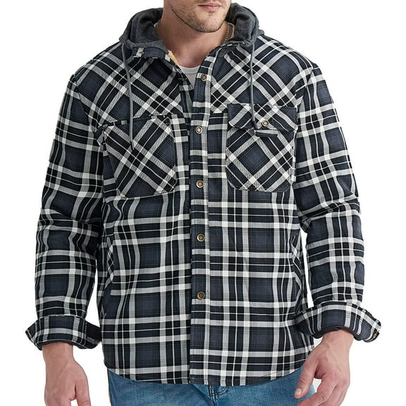 Tqyyweavej Men's Flannel Plaid Jacket Warm Sherpa Lined Fleece Hoodies Button Down Thick Jackets Winter Coat with Pocket