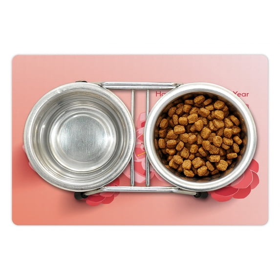 Chinese New Year Pet Mat for Food and Water, Blossoming Ornamental Flowers in Pinkish Colors Zodiac Theme, Non-Slip Rubber Mat for Dogs and Cats, 18" X 12", by Ambesonne