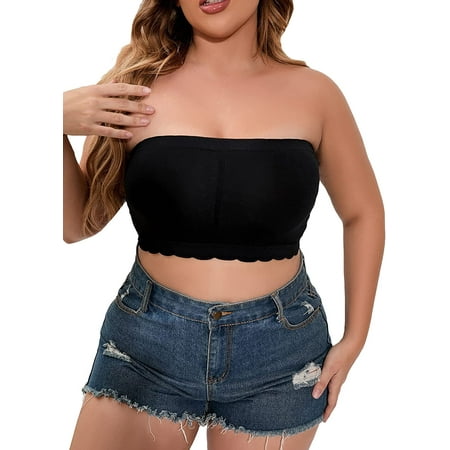 

ZWQIANFENGXI Women s Plus Size Scalloped Trim Strapless Bandeau Tube Bralette Bra