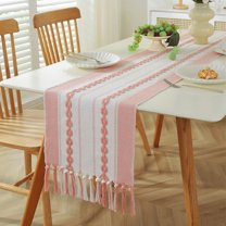 Striped Boho Table Runner with Tassels Long Macrame Woven Table Runners Dresser Scarf for Holiday Party, Bridal Shower and Wedding Kitchen Dining Table Decor