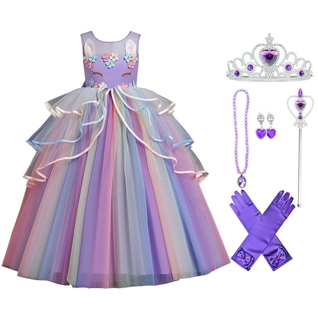 HAWEE Robe de Princesse Licorne pour Filles, Déguisement de Fête Chic, Robe de Fête de Mariage et d'Anniversaire pour 3 à 14 Ans