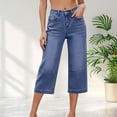 thumbnail image 3 of Capri Jeans for Women Elastic High Waist Relaxed Fit Washed Blue Wide Straight Leg Denim Capris with Pockets Cropped Jeans, 3 of 7