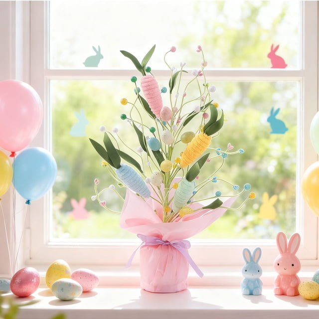 Árbol de Huevos de Pascua con Plantas En Macetas y Decoraciones Navideñas