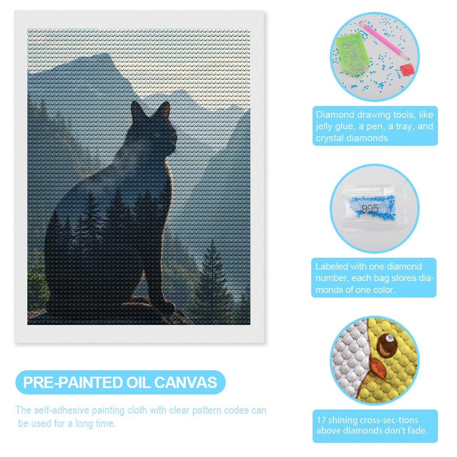Diamond Art Kits for Adults, Cat Silhouette Mountains Forest Scene 5D Diamond Painting Kits for Adults Beginners, DIY Full Drill Diamond Painting, Gem Art and Crafts 12x16