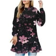 thumbnail image 2 of Women's Printed Loose Casual Shirt Round Neck Pleated Long Sleeve T-shirt Dress Hem Top - Stylish Loose Top for Work and Home, Limited Time Offer Under 10 Dollars, 2 of 5
