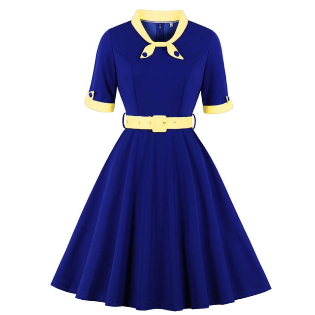 Soldes d'Été Iumwxz Robes à Col à Revers Manches Courtes pour Femmes Tunique Rétro à Fermeture Éclair Robe à Grand Ourlet avec Ceinture Robe Graphique à Blocs de Couleur Robe d'Invitée de Mariage Robes Amples et Fluides