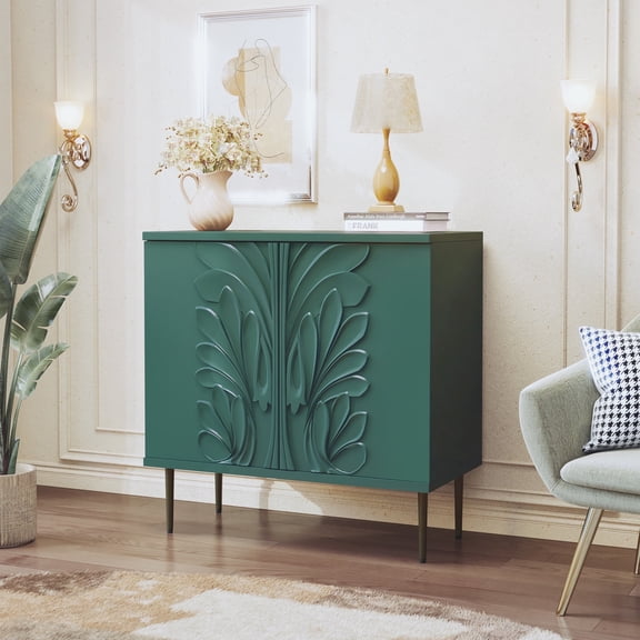 31.49"W Modern 2-Door Credenza with 3D Floral Doors & Shelves, Storage Sideboard for Dining Room, Kitchen Green