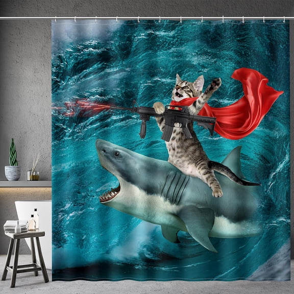 Aimego Long Funny Shower Curtain - Cute Crazy Cat Riding Shark Ocean Fun Fabric Cloth Shower Curtain Set with 12 Hooks for Adults Bathroom Decor Accessories Bath Curtain, 72"x78", Blue Red