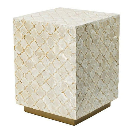 18 in. Accent Side End Table Stool, Square, Cream Capiz - Gold Base