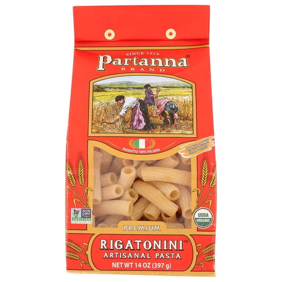 Partanna Organic Premium Rigatonini Italian Artisanal Pasta - Bronze Cut - High Quality Durum Wheat Semolina--Slow Dried -NON-GMO- Made in Italy- 14 oz