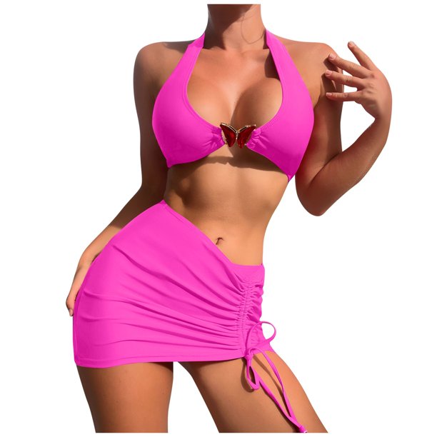 Qcmgmg 2 Piece Bathing Suit with Cover Up Low Rise Halter Bikini Set