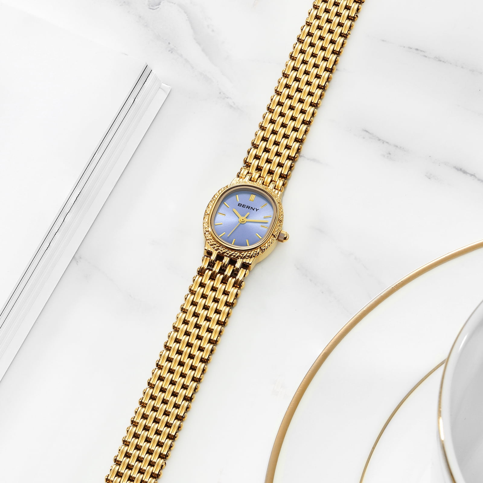 BERNY Small Gold Watches for Women, Dainty Vintage Oval Dial Stainless Steel Bracelet Watch, Adjustment Tool Included, Waterproof, Minimalist Luxury Ladies Analog Quartz Wrist Watch (Light Purple)