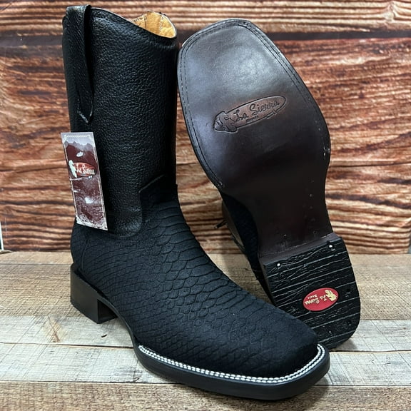 Men's Python Print Western Cowboy Zipper Pull On Leather Black Boots Est.262