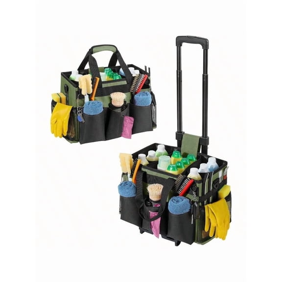Rolling Cleaning Caddy Bag With Detachable Trolley, Professional Portable Large Cleaning Bag With Wheels, Wearable Cleaning Supply Bag On Wheels Housekeepers, Black