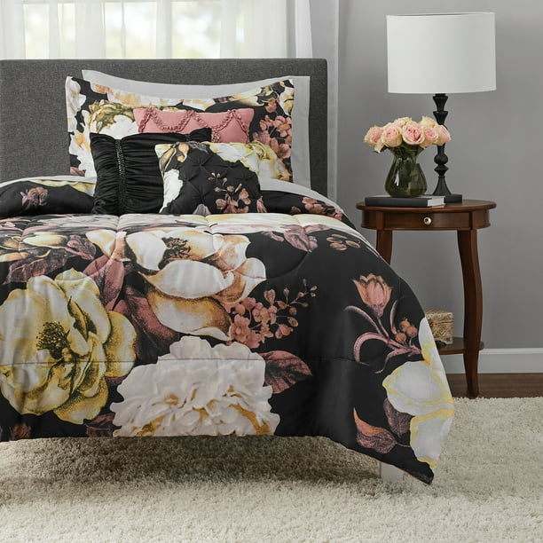 Mainstays Black Fl 8 Piece Bed In A, Quilts For Twin Xl Beds