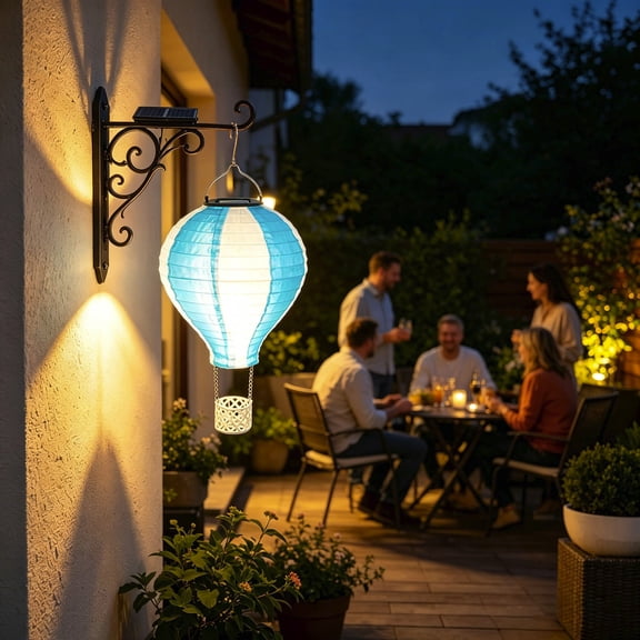 15.75 Inch Hot Air Balloon Solar Hanging Lantern, IP65 Waterproof Outdoor Warm White Flame Light, Colorful Fabric Decorative Pendant Light for Garden Patio Balcony Campsite