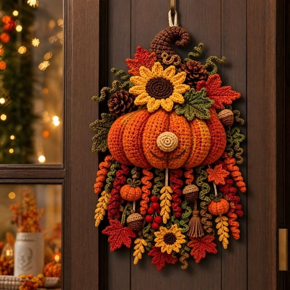 DIY Crochet Pumpkin Wreath Kit, Fall Harvest Door Hanging with Sunflowers and Maple Leaves, Thanksgiving Wall Decor
