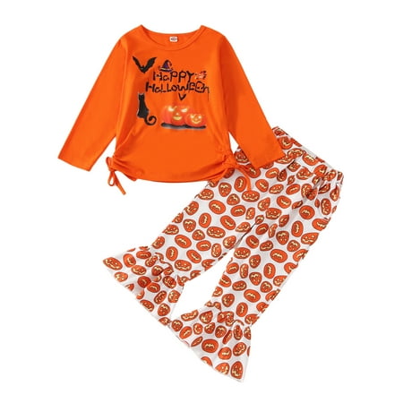 

Ma&Baby Little Baby Girls Halloween Pants Set Letters Print T-shirt with Pumpkin Print Flare Pants