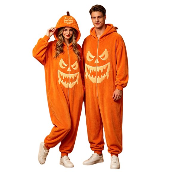 Curuila Halloween Adult Jumpsuit Fleece Hallowmas Pumpkin Hooded Pajamas For Women And Men Party Soft Homewear Jumpsuit Size L