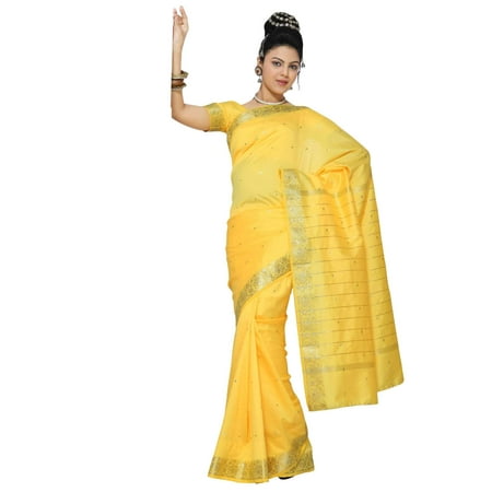 Yellow Art Silk Saree Sari fabric India Golden Border