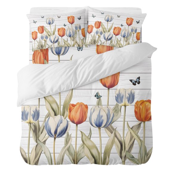 Duvet Cover Set California king Size 4 Pieces, Watercolor Tulip Flower Butterfly Comforter Cover Soft Bedding Sets, Vintage Wood Grain Bed Set Include 1 Duvet Cover, 2 Pillow Shams, 1 Bed Sheet