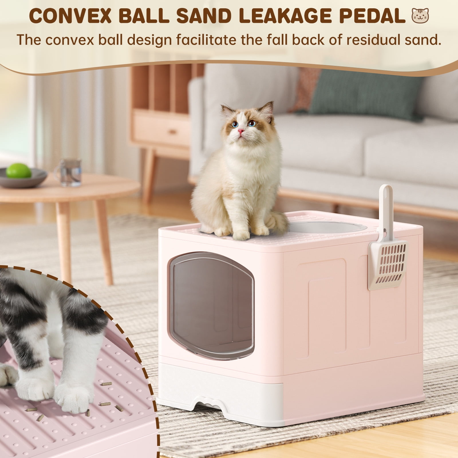 Cshidworld Large Foldable Cat Litter Box with Scoop, Front Entry Top Exit Cat Litter Pan with Lid, Enclosed Anti-Splashing Kitty Litter Box, Drawer Type Cat Litter Easy Cleaning and Scoop, Pink