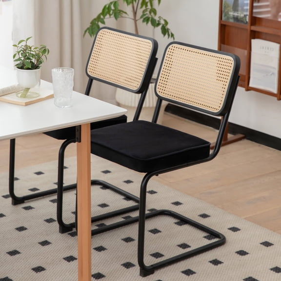 FFZ Set of 2 Velvet Dining Chairs with Rattan Back and Chrome Legs, 20.9 x 17.5 x 33.1 inch, Black