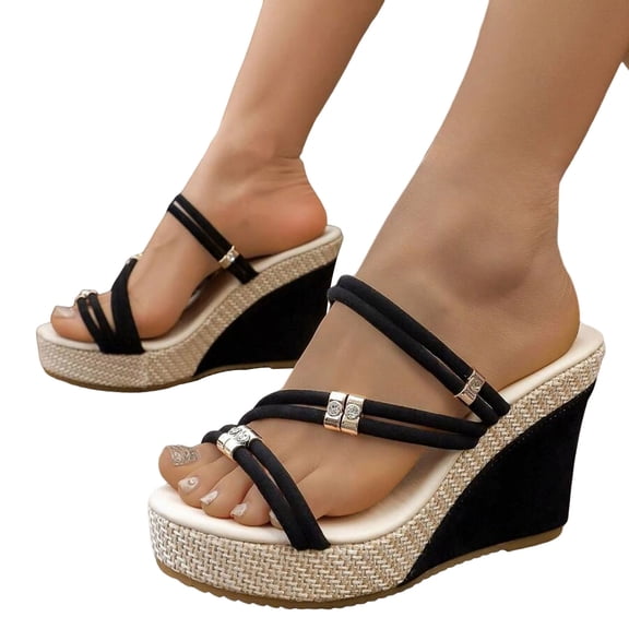 Rokment Womens Sparkling Rhinestones Wedge Heels Slides Sandals with Convertible Back Strap Stylish Simple Espadrilles Platform Chunky Heeled Slip on Dressy Slippers for Ladies Black Size 6