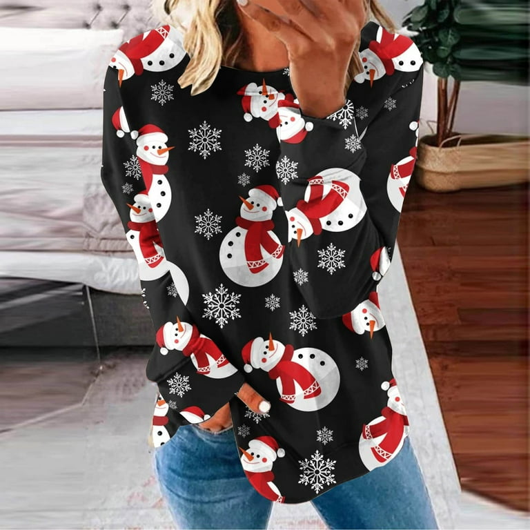 Elainilye Fashion Womens Sweatshirts Casual Long Sleeve Shirt Christmas  Print Hoodless Sweatshirt Round Neck Tops Blouse,Black