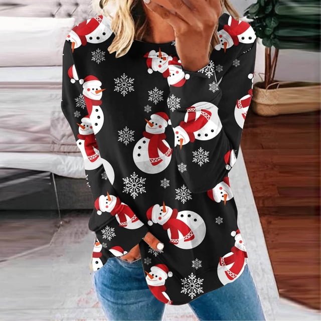 Costumes de Noël en Liquidation Col Rond Mode Décontractée Manches Longues Chandail en Molleton Imprimé de Noël Hauts Blouse Chandail en Molleton Grande Taille pour Femmes