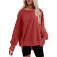 thumbnail image 2 of Red Womens Fall Tops Womens Oversized Crewneck Solid Color Sweatshirt Side Slit Long Sleeve Pullover Slouchy Fit Tops Sweaters for Women, 2 of 6