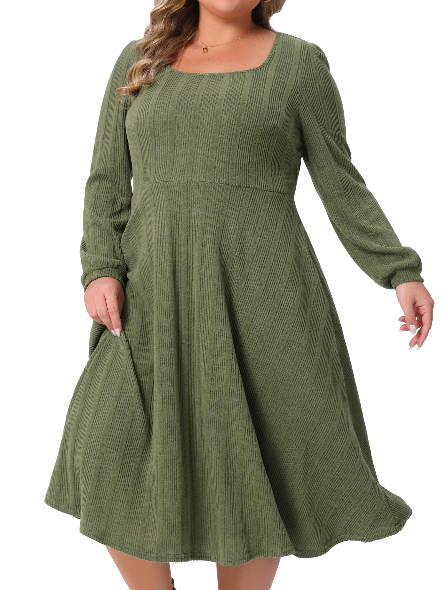 DARING DIVA Plus Size Knit Long Sleeve A Line Midi Pockets Dress 3X Army Green