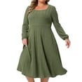 thumbnail image 2 of DARING DIVA Plus Size Knit Long Sleeve A Line Midi Pockets Dress 1X Army Green, 2 of 5