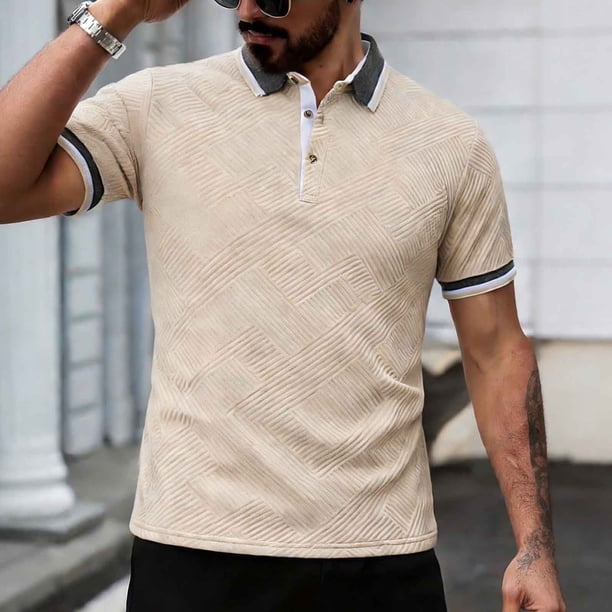 Ceisia Men's Regular Fit Contrast Trim Jacquard Short Sleeve Turndown Collar Casual Polo Shirt Gifts