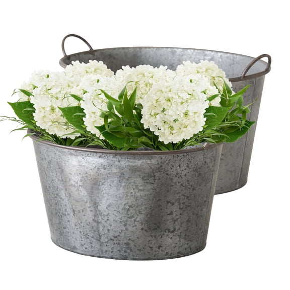 WHW Whole House Worlds Farmers Market Zinc Planters, Set of 2, Galvanized Metal, Oval Basin Tubs, Rolled Rims, Rustic Finish, Vintage Wash Basin Style, 22 and 18 Inches